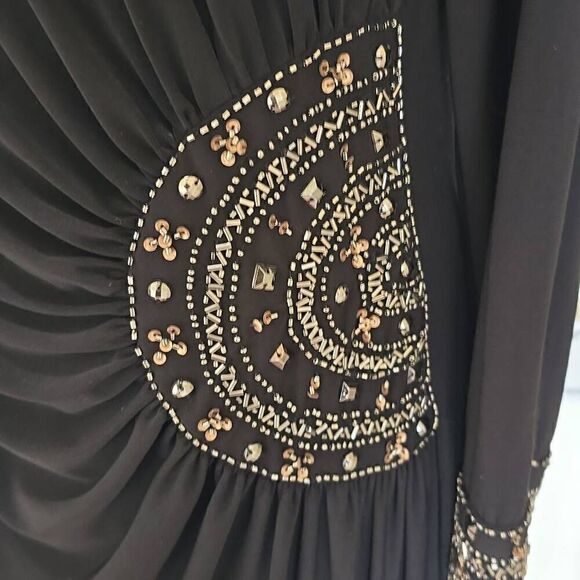 XSCAPE black side embellished and ruched knit gown. Slit sleeves with cuff embel - Picture 8 of 10